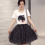 夏季新款韩版短袖T恤+网纱半身裙时尚两件套装连衣裙中长款伞裙