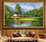 纯手绘风景油画聚宝盆山水油画客厅别墅装饰画横版有框天鹅风景画
