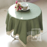 包邮 日式棉麻zakka水玉绿色点点小圆桌方桌餐桌布茶几盖布台布