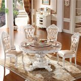 欧式餐桌天然大理石餐桌椅组合圆桌实木餐桌法式白色圆形饭桌双层