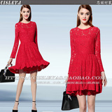 2016春装新款 欧洲站女装红色修身蕾丝连衣裙 拼接长袖打底蓬蓬裙