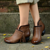 手工女靴真皮原创正品时尚复古中跟粗跟圆头舒适流苏短靴单靴春秋