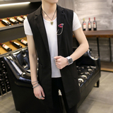 夏季新款时尚短袖男士马甲韩版修身中长款个性青年潮流薄外套褂子