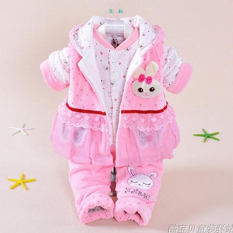 2014秋冬装女童公主薄棉衣宝宝婴幼儿三件套