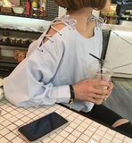 丢丢 韩国2016春装新款纯色小性感露肩上衣长袖韩版一字领衬衫女
