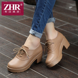 ZHR正品秋季新款单鞋高跟厚底英伦风粗跟真皮休闲鞋懒人女鞋潮