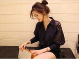 韩国雪纺衬衣女蕾丝拼接不规则弧形下摆长袖蝙蝠衬衫纽扣收腰上衣