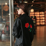 秋季玫瑰刺绣印花欧美机车皮衣女短款pu皮外套长袖修身显瘦皮夹克