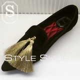StyleShop韩国货金色麦穗流苏黑色丝绒复古vintage尖头红底平底鞋