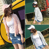 韩版2016春季女装甜美学院风翻领长袖格子衬衫衬衣女上衣短外套潮