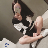韩版学院风纹理拼色黑白条纹撞色宽松大码中长款长袖卫衣T恤女
