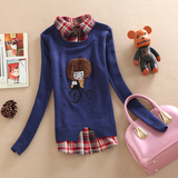 2015秋冬装新款学院风卡通假两件短款套头中学生毛衣女韩版针织衫