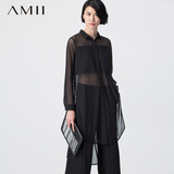 Amii[极简主义]2015秋季女宽松大码翻领简约雪纺透视拼接长袖衬衫