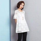 2016夏季新款韩版女装单件通勤纯色套头蕾丝中长款短袖圆领打底衫