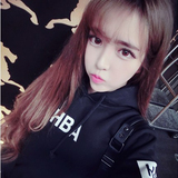 韩版春季学生时尚卫衣女T恤,套头长袖HBA字母情侣带帽学院风班服