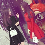 2016秋冬韩版女装明星同款修身收腰针织大红色长袖连衣裙打底裙黑