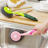彩色长柄带钢丝球洗锅刷 厨房可挂式塑料清洁刷子 去油污洗碗刷