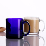 超厚耐高温 进口利比杯咖啡杯玻璃马克杯透明蓝 牛奶杯早餐杯把杯