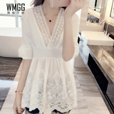 2016夏装新款韩版白色v领雪纺衫短袖收腰镂空上衣女中长款蕾丝衫