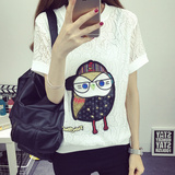 学院风少女夏装新款韩版卡通学生短袖蕾丝体恤衫宽松大码T恤女衣