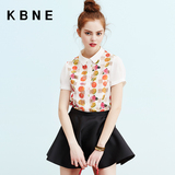 KBNE2016夏装新款欧根纱格纹水果印花打底衬衫女上衣