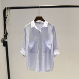 夏季新品韩版文艺范双口袋蝙蝠袖宽松显瘦长袖衬衫女质感棉麻衬衣