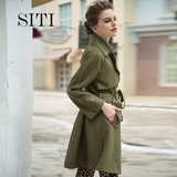 Siti Selected羊毛大衣修身复古军绿中长款系带纯色毛呢外套