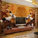 大型中式3D立体玉雕仙鹤电视墙客厅沙发背景墙壁纸壁画无纺布定制