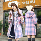 2015秋冬季韩版少女生高中大学生装学院风格子加厚毛呢子大衣外套