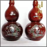 红木工艺品 实木雕刻 花梨木质镶嵌贝壳葫芦花瓶风水客厅摆件