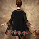 新款秋季时尚花色两件套大码女装中老年刺绣蕾丝连衣裙妈妈装
