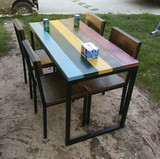 loft实木铁艺餐桌椅组合个性创意彩色做旧特色长桌子复古主题餐厅