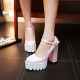 浅蓝色白色粉色厚防水台韩版洛丽塔复古粗跟鞋一字扣单鞋超高跟女