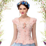 珍思薇尼2015夏新款刺绣修身蕾丝衫女装短袖小衫立体花朵上衣