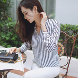 衬衫女2016秋季新款韩版大码女装黑白条纹上衣雪纺打底衫V领衬衣