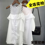 小友家夏季新款韩范白色衬衫女条纹背心拼接娃娃领假两件短袖上衣