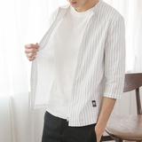 夏季新款韩版宽松条纹7分袖拉链薄外套衬衫日系潮男学院风东大门