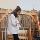 韩国好质感简约V领纯色小宽松袖口绑带蝴蝶结白衬衫衬衣女H25