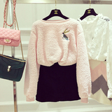 2015秋冬新款少女系羊羔绒刺绣兔子软妹粉色卫衣加厚保暖套头卫衣