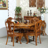 木熙堂印尼柚木家具 雕刻玫瑰花 实木6人位客厅圆形餐桌组合