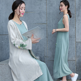 2016夏季新款棉麻连衣裙两件套中国风印花水墨画套装裙女裙中长款