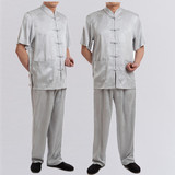 中国风夏季汉服薄款丝绸短袖套装唐装中老年男士休闲加肥加大衬衫