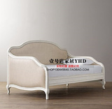 美式乡村实木沙发床法式复古做旧橡木储物沙发简约时尚仿古白布艺