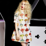 妖精的口袋蘑菇电影春裝女蘑菇印花收腰显瘦欧美短袖中长款连衣裙