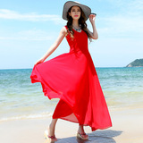 女神范连衣裙夏季雪纺大红色性感V领沙滩裙长裙波西米亚修身裙子