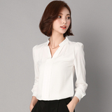 2016春秋装韩版修身V领长袖雪纺衬衫 女上衣新款气质显瘦白色衬衣