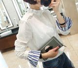 韩国代购 东大门正品进口16新女士荷叶拼接袖假两件花边上衣衬衫