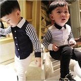 2015韩版春夏儿童装男童中小童条纹拼接袖衬衣衬衫长袖上衣潮