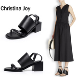 Christina Joy2016夏季欧美新款真皮中跟粗跟方跟羊皮垫脚凉鞋