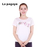 La Pagayo春夏季女款拼接蕾丝t恤大码女装印花短款上衣女DST6032A